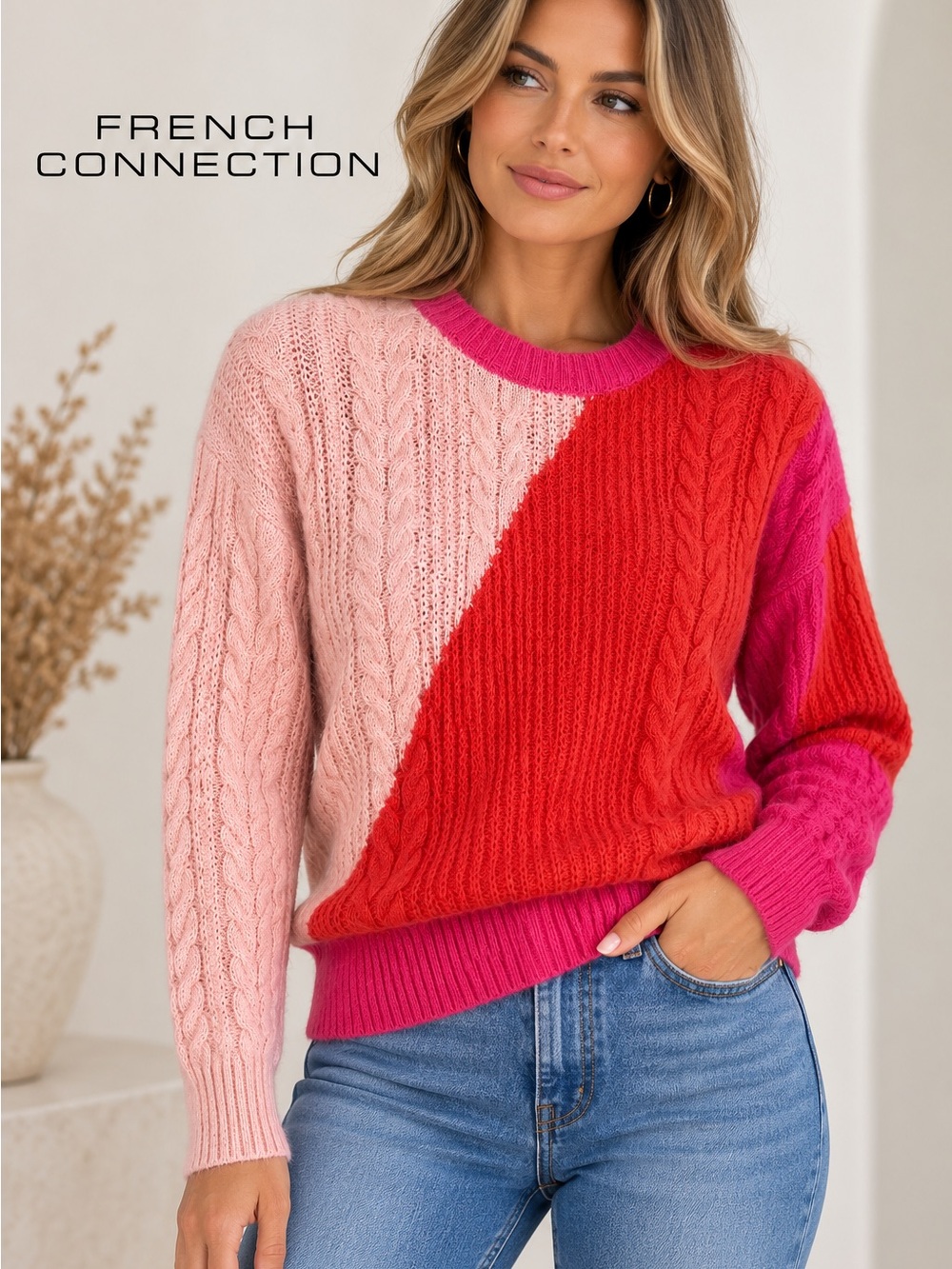 French Connection Color Block Cable Knit Pullover Sweater Size L